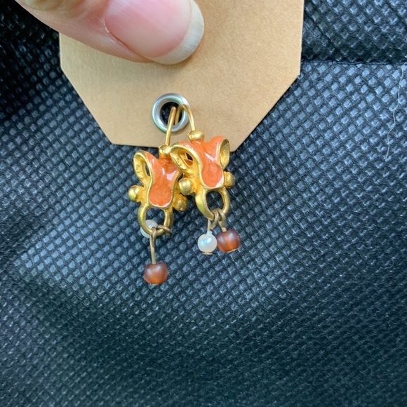 Flow of Life Tibetan Gold Earrings with Coral Inlay and Dangling Beads - Picture 3 of 6